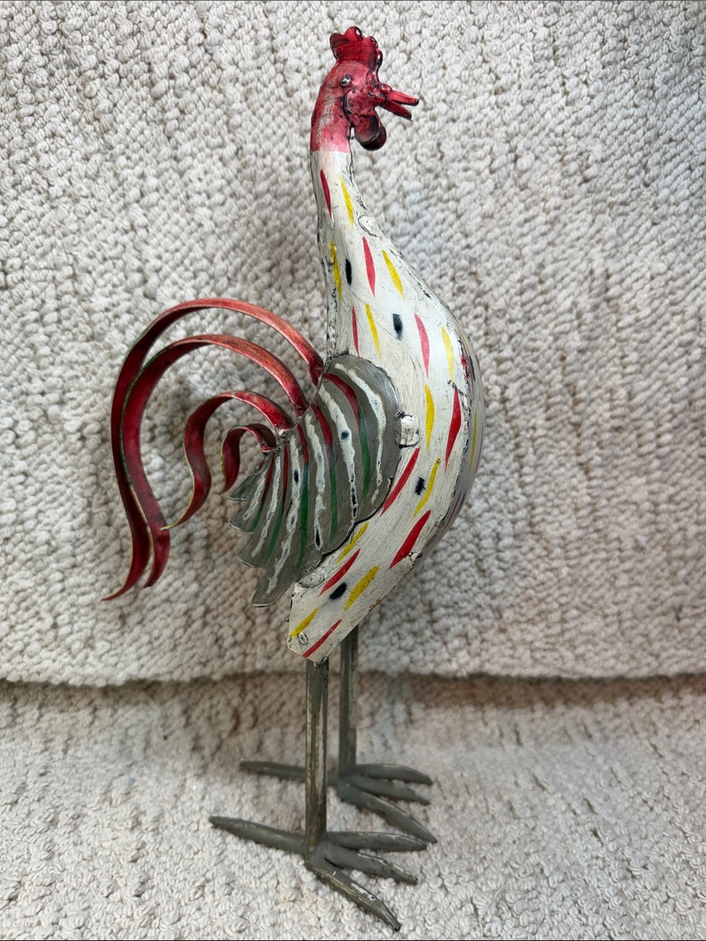 Hand-Painted White and Red Metal Rooster Figurine - Decorative Home Accent